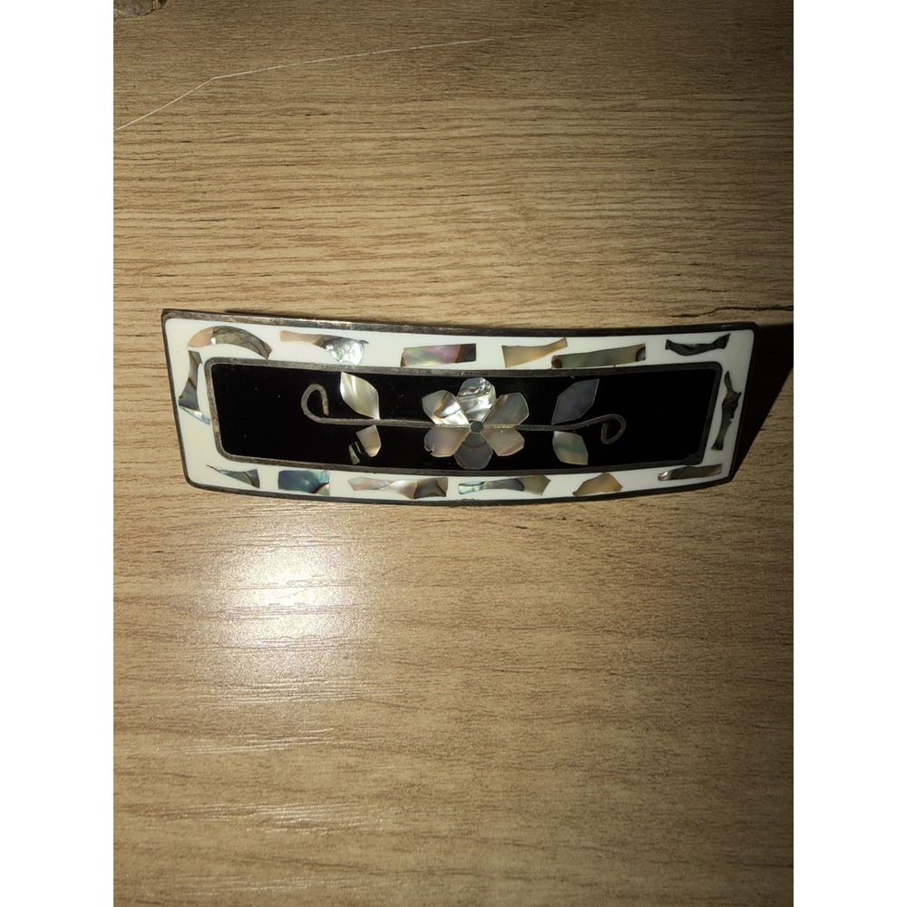 Vintage Alpaca Mexico Inlay Mother of Pearl Abalone Hair Barrette